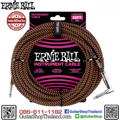 สายแจ็คกีตาร์ Ernie Ball® 25' Braided Straight/Angle Black-Orange